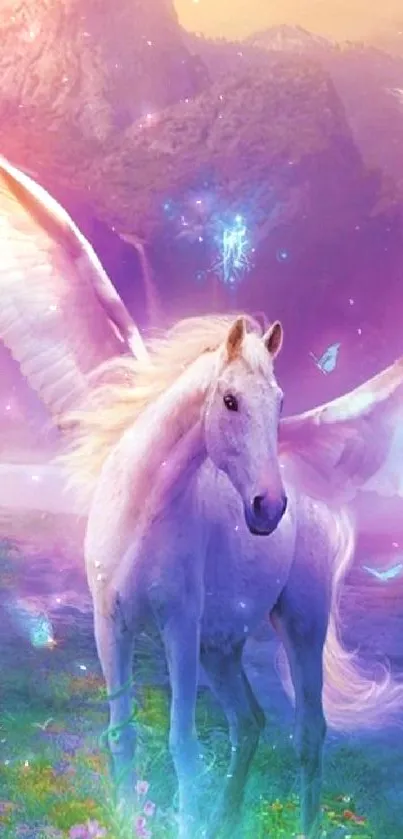 Purple-toned fantasy pegasus with wings in a mystical field.