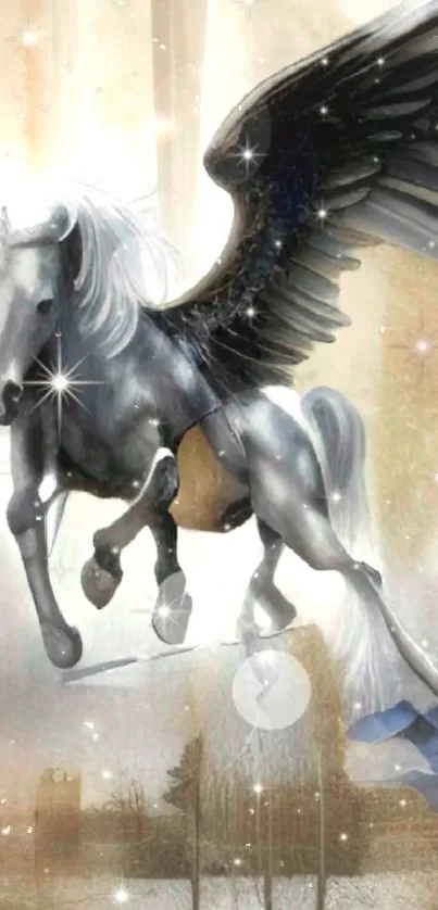 Pegasus with black wings in a mystical forest wallpaper.