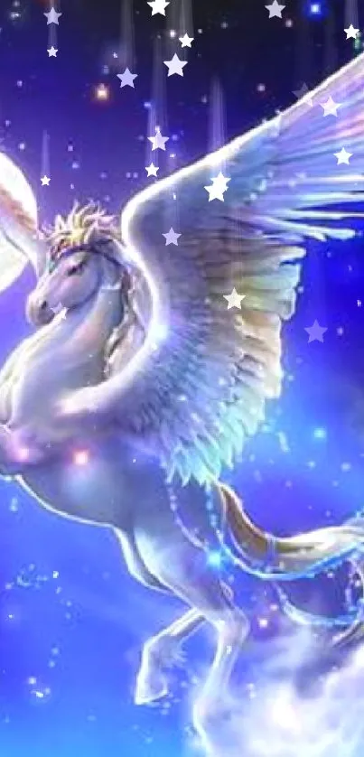 Majestic pegasus flying under a starry night sky in a fantasy setting.