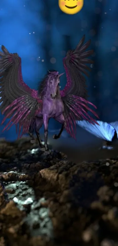 A purple pegasus in a mystical forest setting with butterflies.