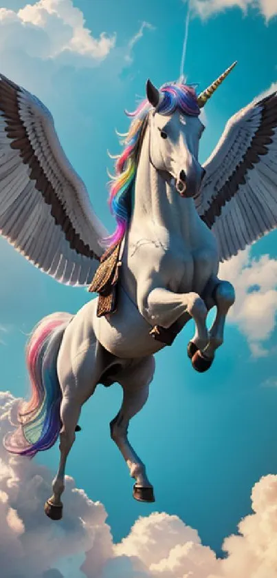 Majestic Pegasus with rainbow mane flying amidst clouds.