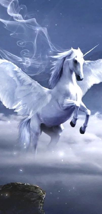 Majestic Pegasus soaring through a fantasy cloudscape.