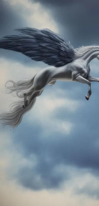 Enchanting Pegasus soaring through cloudy skies.