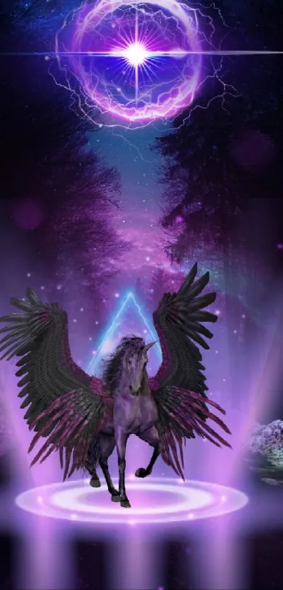 Mystical pegasus under cosmic light in fantasy forest wallpaper.