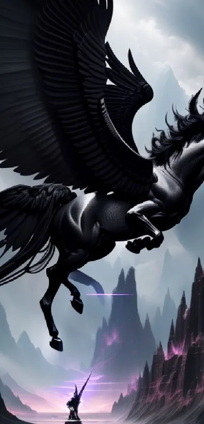 Majestic black pegasus flying over dark mountain peaks.