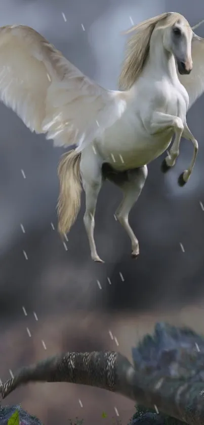 A majestic white pegasus flying through rain in a fantasy scene.