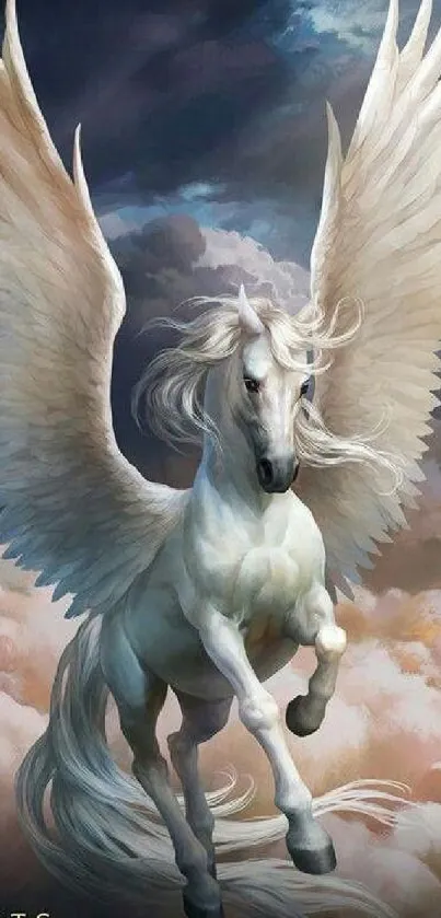 Majestic white Pegasus flying amidst clouds.