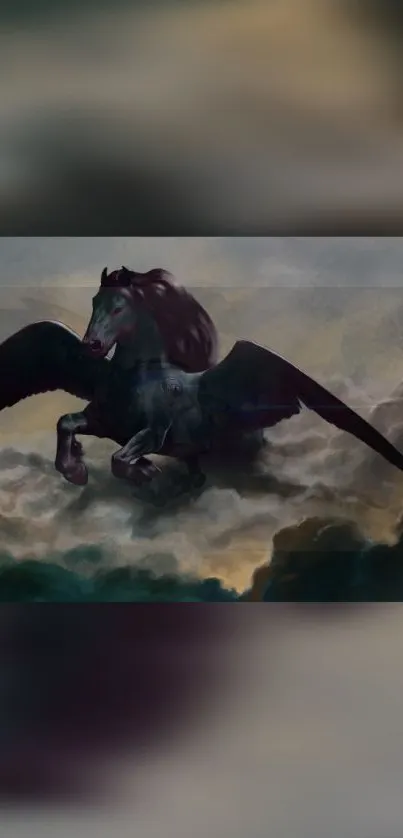 Black Pegasus flying through a stormy, cloud-filled sky with dramatic lighting.