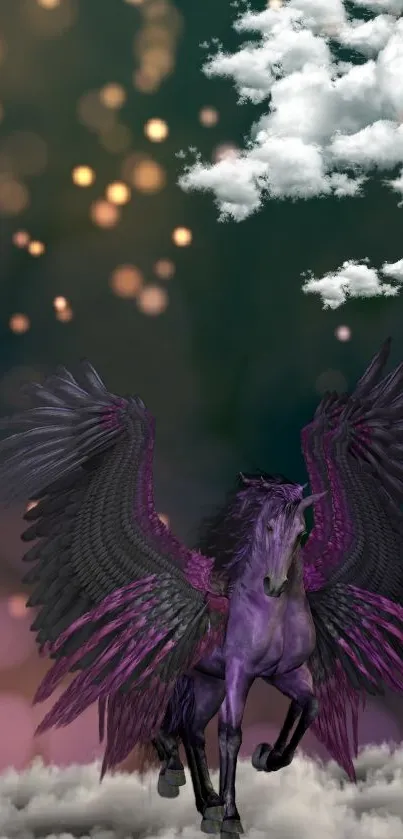 Purple Pegasus with wings spread amidst clouds and bokeh lights.