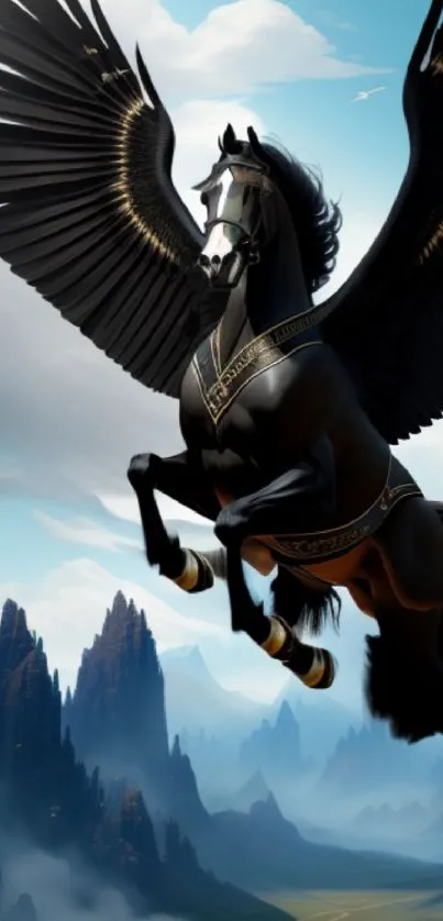 Black Pegasus soaring over blue mountain peaks and cloudy sky.