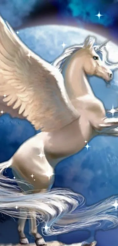 Majestic white Pegasus soaring across a vibrant blue starry sky.