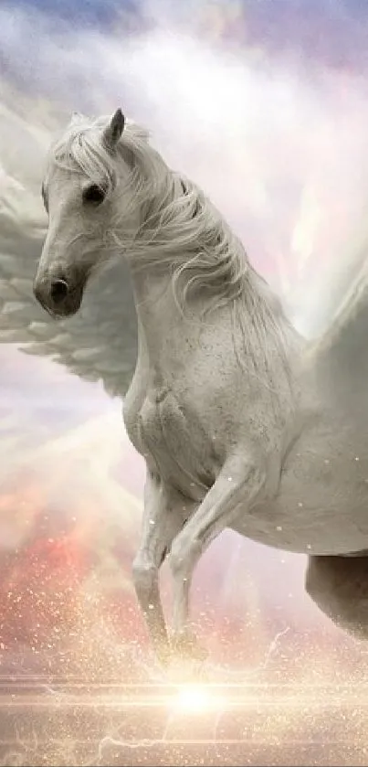 Majestic Pegasus flying in a vibrant celestial sky.