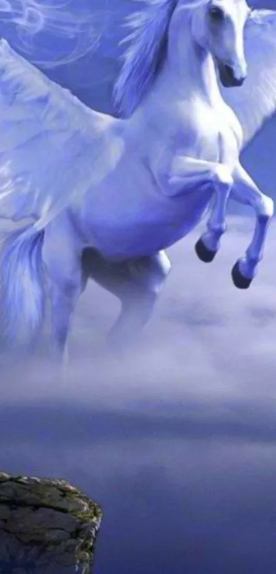 White Pegasus flying through mystical blue sky above clouds.