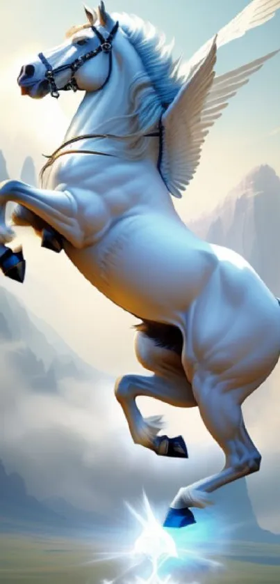 Majestic Pegasus soaring in dreamlike landscape with mountains.