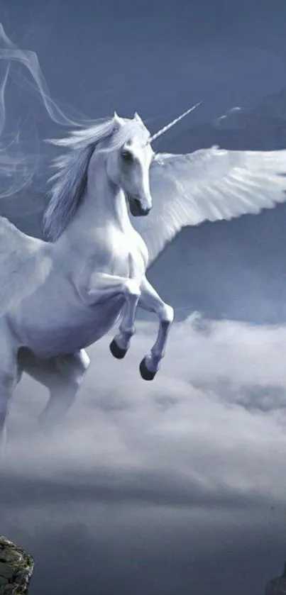 Majestic Pegasus soaring through mystical cloudy skies.