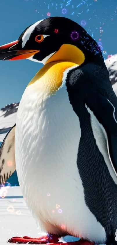 Majestic penguin on snowy Arctic landscape under clear blue sky.