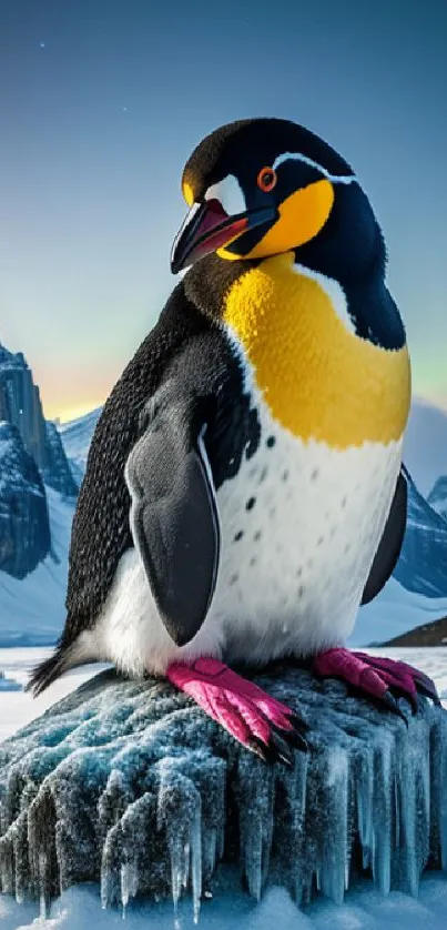 Penguin standing on icy rock with snowy background.