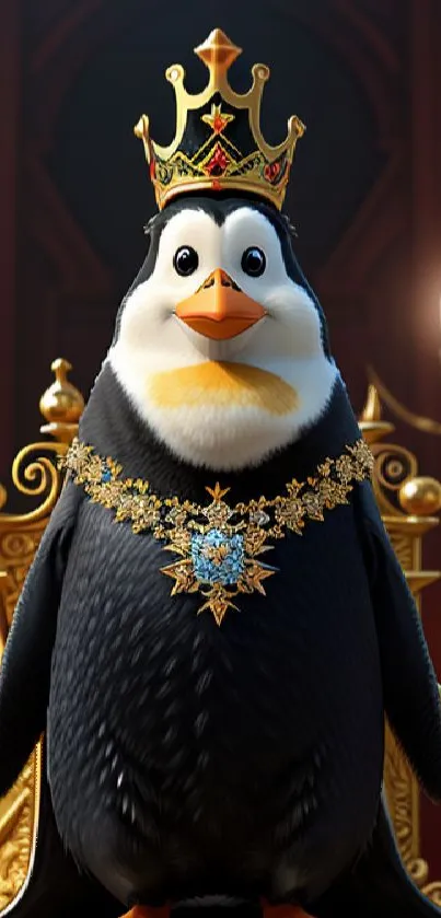 Penguin in crown on a golden throne, regal setting.