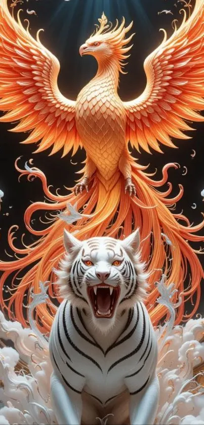 Majestic phoenix and tiger mobile wallpaper.