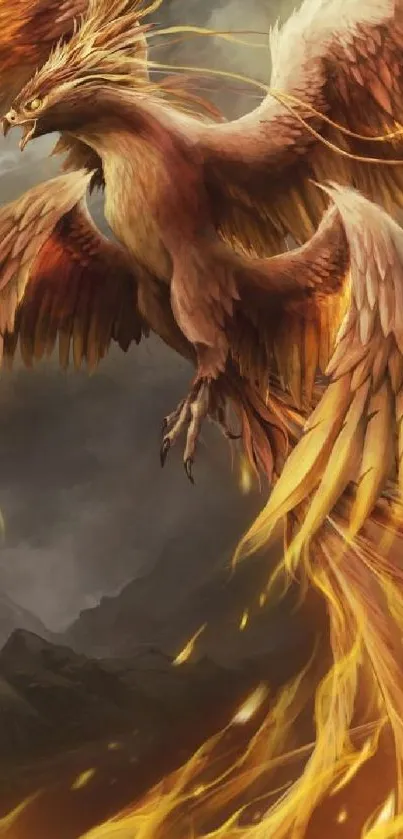 A majestic phoenix soaring through a mystical, fiery sky in a fantasy-themed wallpaper.