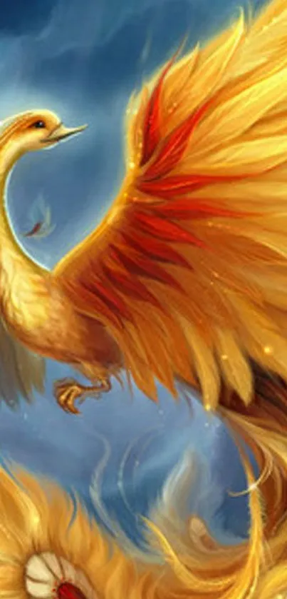 A vibrant and majestic phoenix in fantasy art with orange and red feathers.