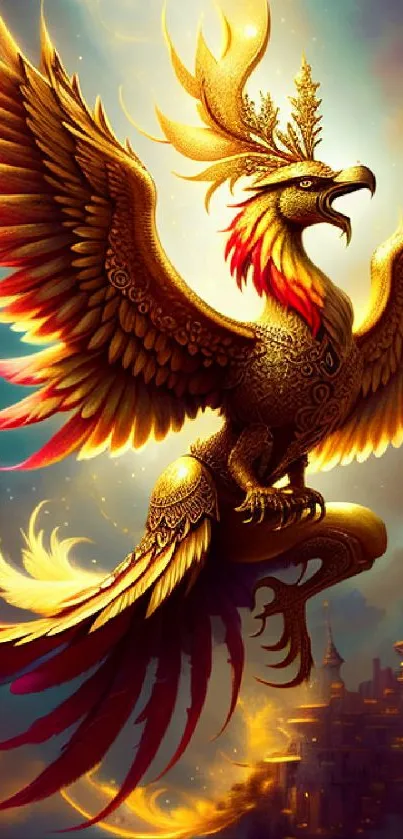 A majestic phoenix soaring with fiery wings in a fantasy scene.