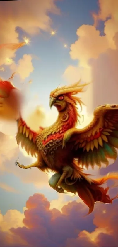 Majestic phoenix soaring amidst golden clouds.