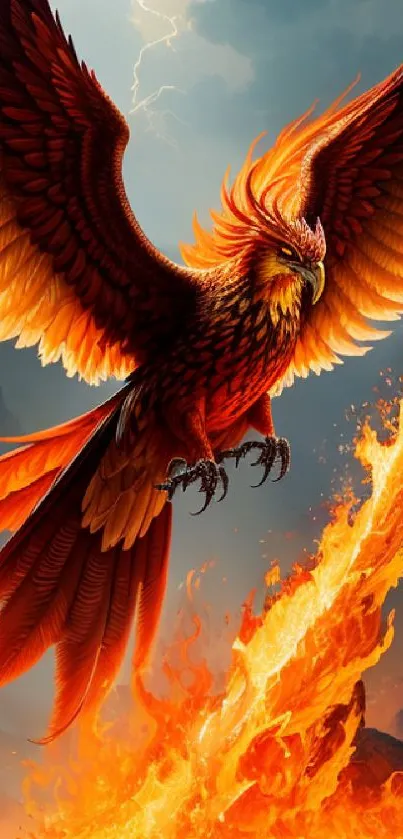 Fiery phoenix soaring in a majestic display of flames and power.