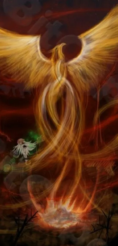 Fiery phoenix soaring in vibrant, mystical scene.