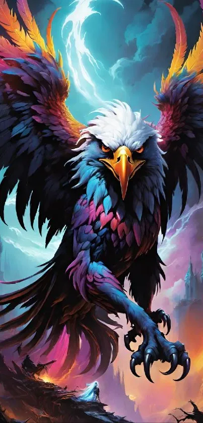 Colorful phoenix eagle soaring in dramatic sky wallpaper.