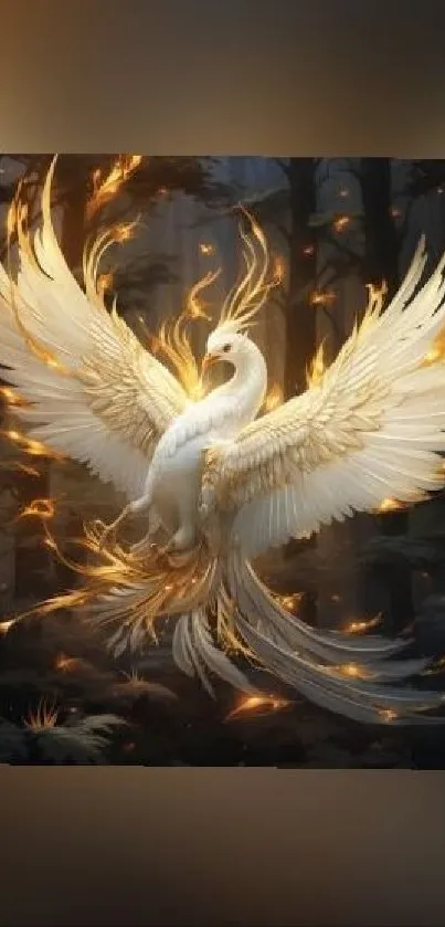 Ethereal phoenix with golden feathers and flames on a dark background.