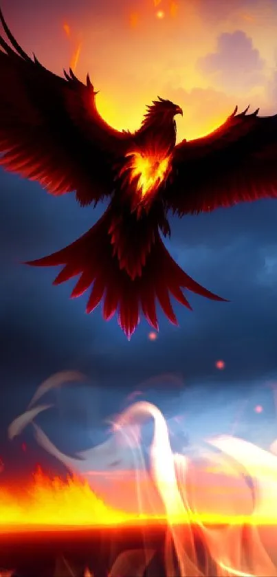 A majestic phoenix soaring over fiery flames against a dramatic sky.