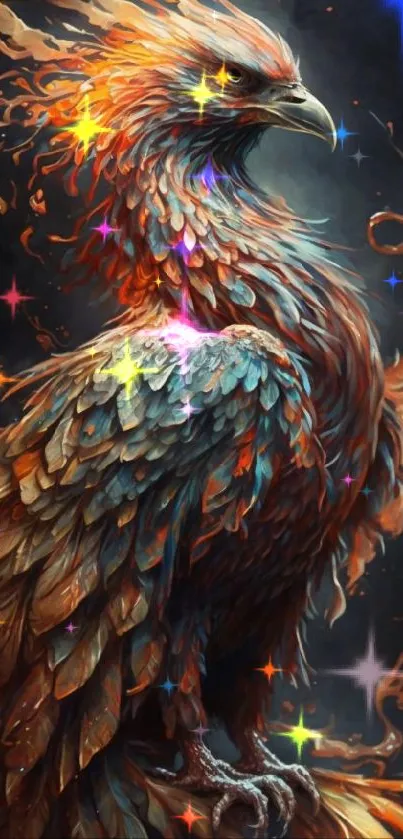 Majestic phoenix in vibrant orange and blue tones, symbolizing rebirth.