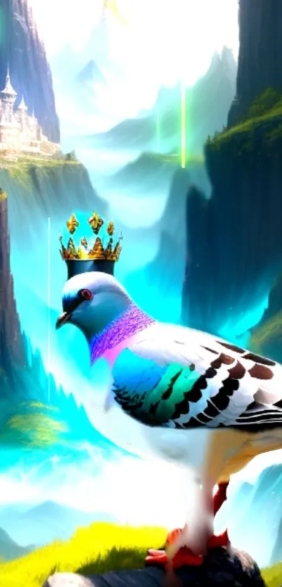 Crowned pigeon in a fantasy landscape with mountains and a distant castle.