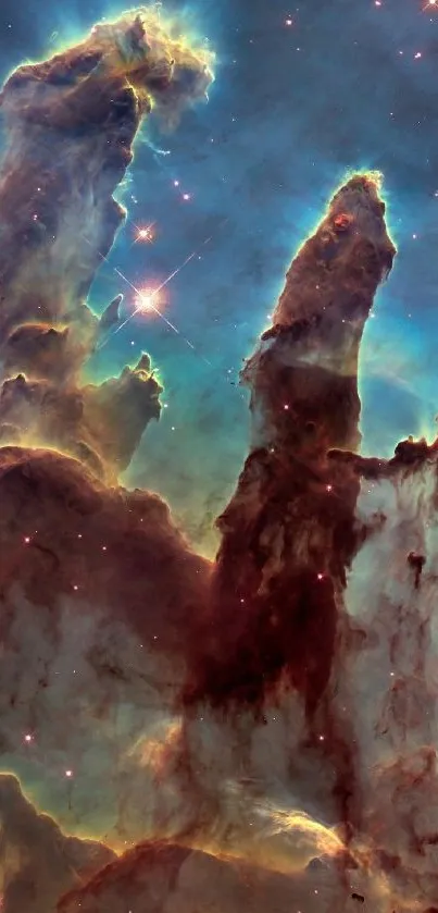 Stunning image of the Pillars of Creation in space, capturing vibrant nebula clouds.