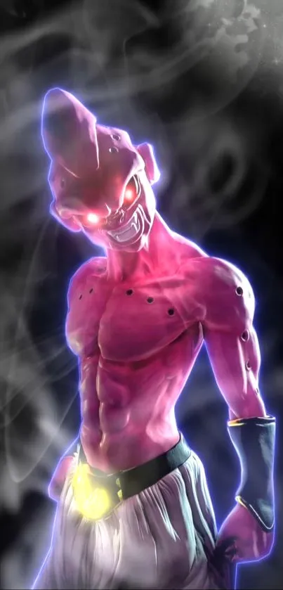 Anime character with pink glow on black background, glowing eyes.