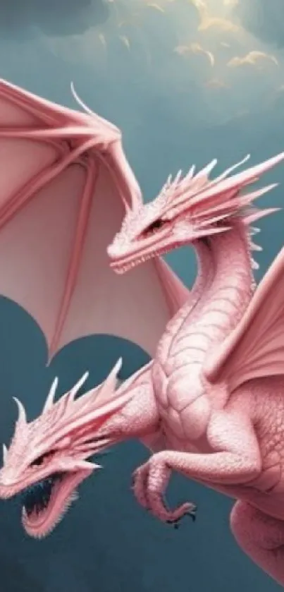 Pink dual-headed dragon with wings in dramatic clouds.