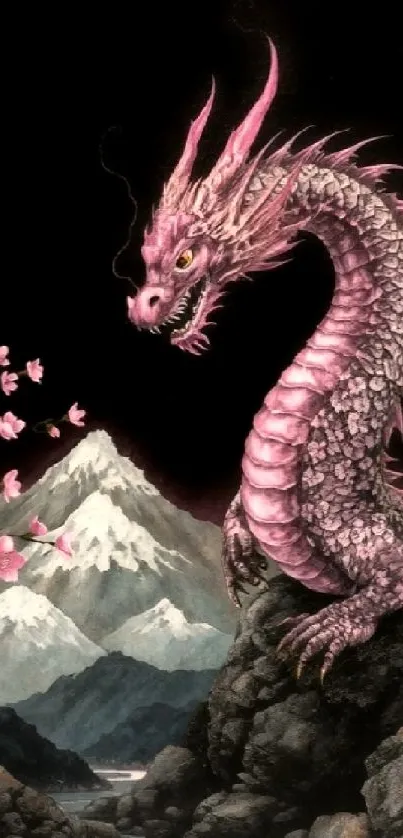 A pink dragon with mountains and cherry blossoms in the background.