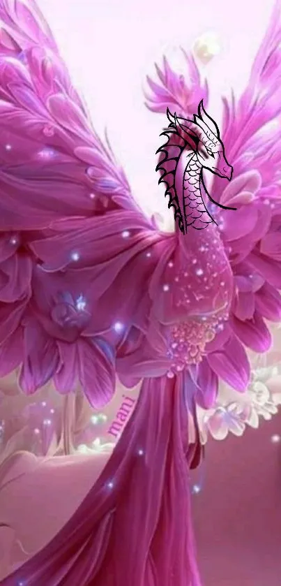 A vibrant pink dragon with feathered wings amidst an ethereal background.