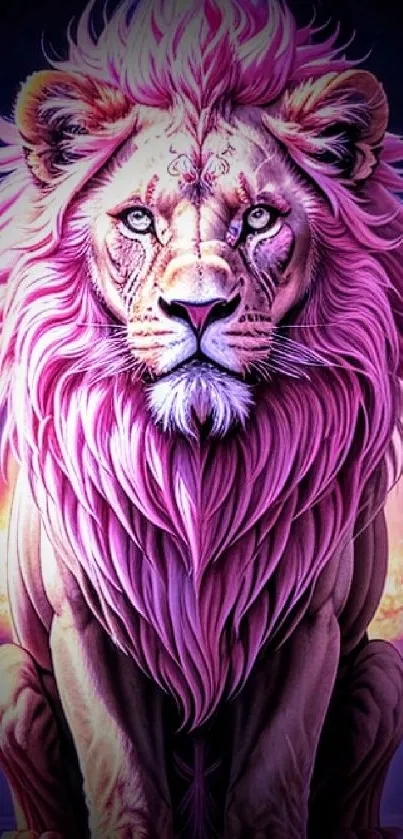 Majestic pink lion surrounded by flames in a fantasy art style.