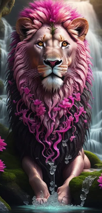 Majestic pink-maned lion with waterfall background.