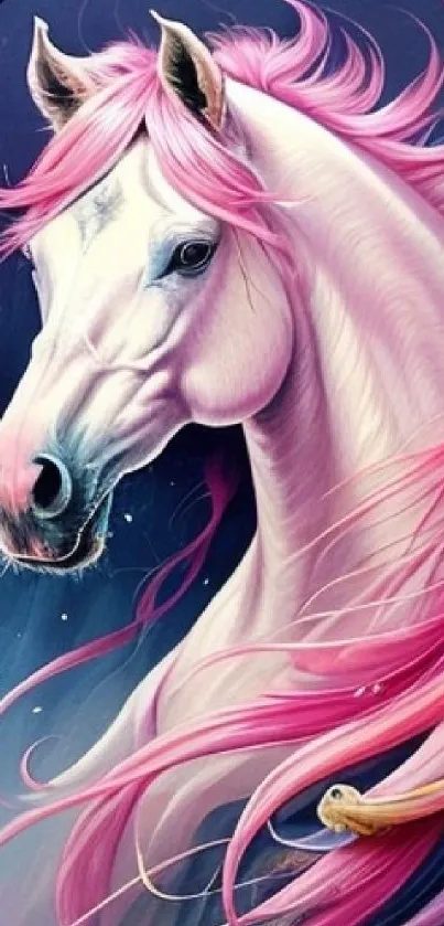 Majestic white horse with a flowing pink mane on a mystical blue background.