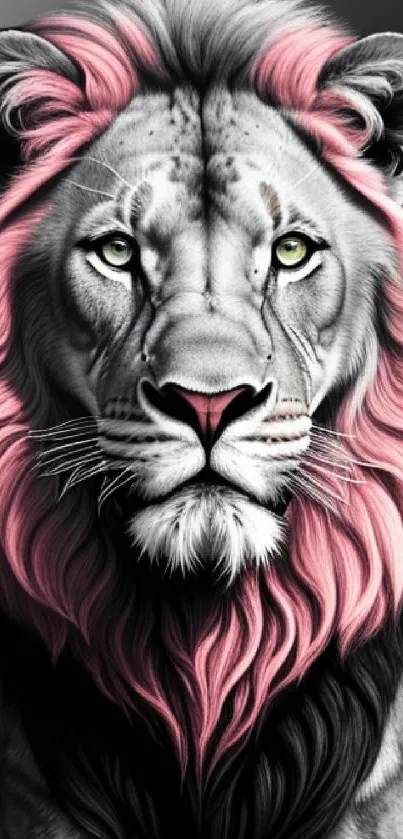 Majestic white lion with pink mane on a stylish mobile wallpaper.