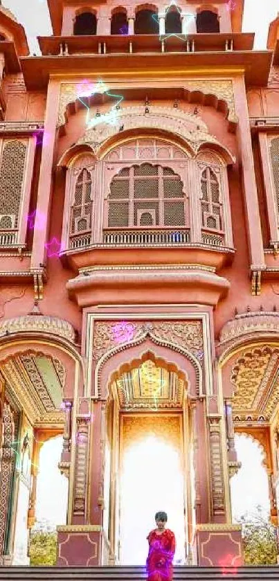 Majestic pink palace with intricate details and archways, perfect for mobile wallpaper.