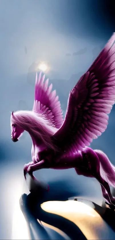 Purple pegasus with wings in dreamy fantasy setting.