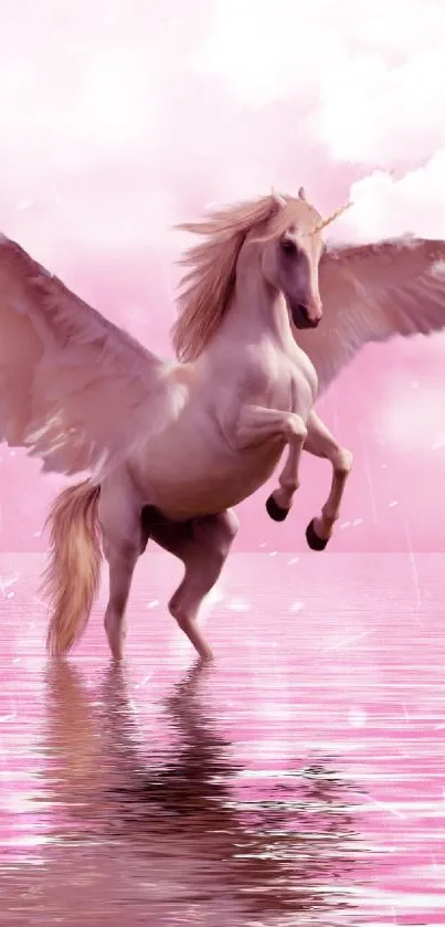 A majestic unicorn soaring over a pink shimmering lake, exuding fantasy and magic.