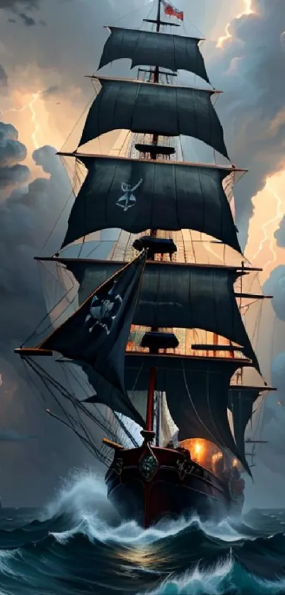 A majestic pirate ship under stormy skies on turbulent seas, perfect for mobile wallpaper.