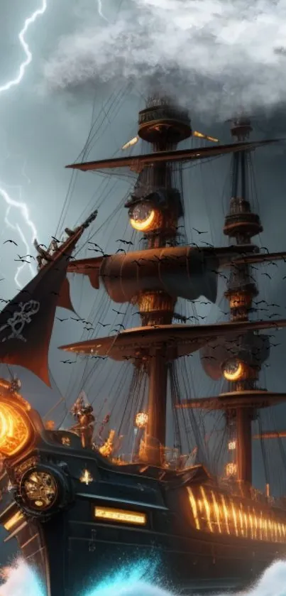 Pirate ship sails through stormy seas with glowing accents and lightning above.