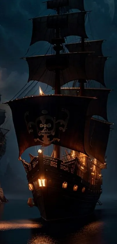 A pirate ship illuminated at night in a moonlit ocean scene.