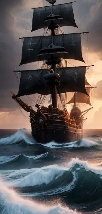 Majestic pirate ship navigating stormy seas with dramatic sky.